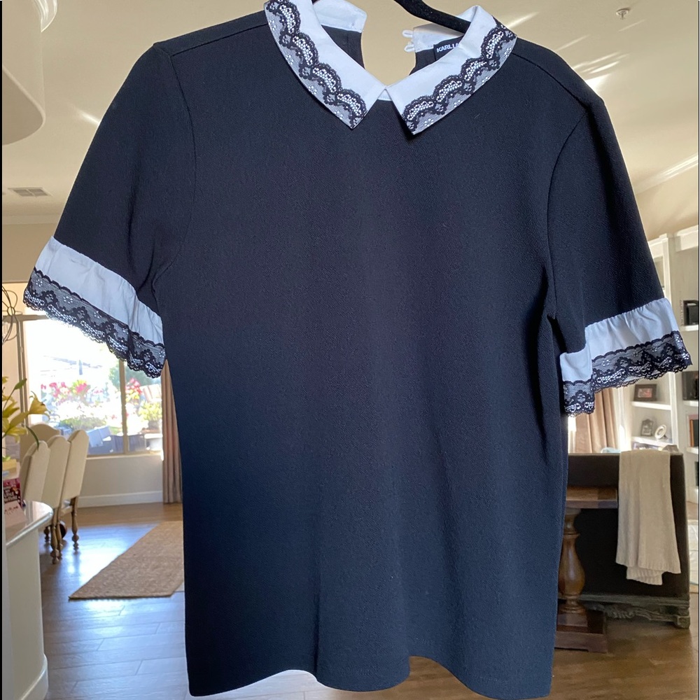 Karl Lagerfeld beautiful black crepe blouse w white details. Size M